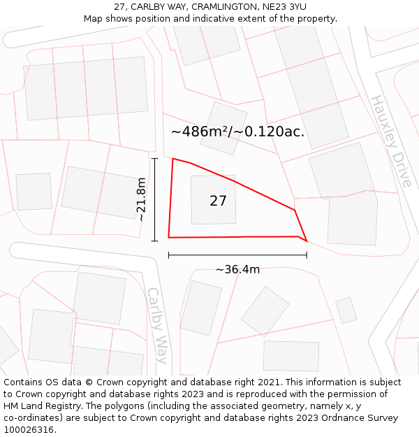 27, CARLBY WAY, CRAMLINGTON, NE23 3YU: Plot and title map