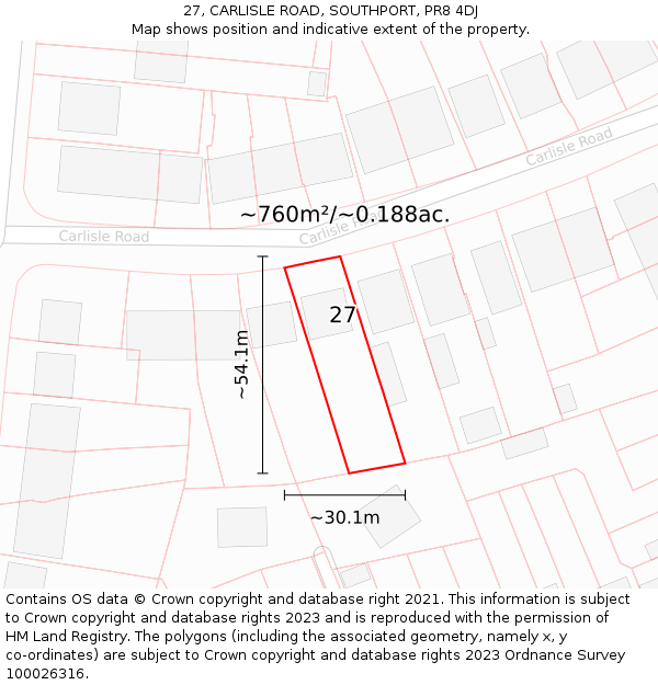 27, CARLISLE ROAD, SOUTHPORT, PR8 4DJ: Plot and title map