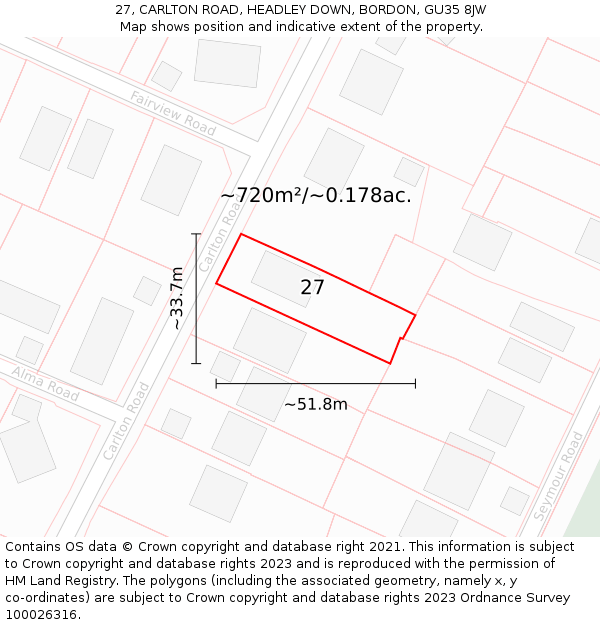 27, CARLTON ROAD, HEADLEY DOWN, BORDON, GU35 8JW: Plot and title map