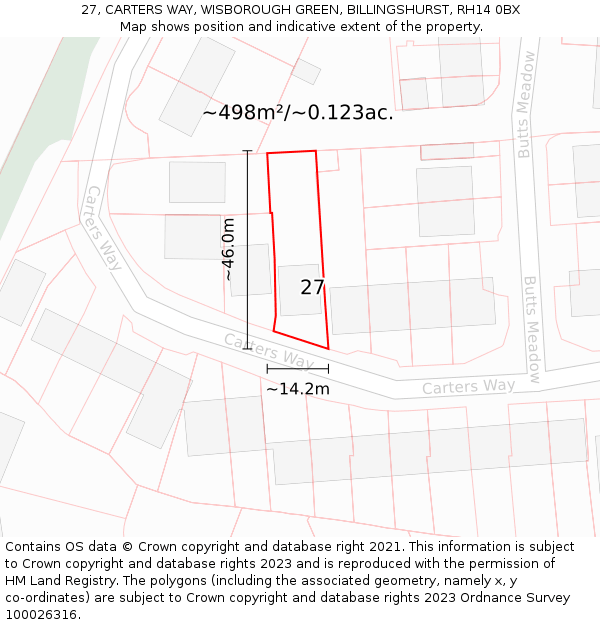 27, CARTERS WAY, WISBOROUGH GREEN, BILLINGSHURST, RH14 0BX: Plot and title map