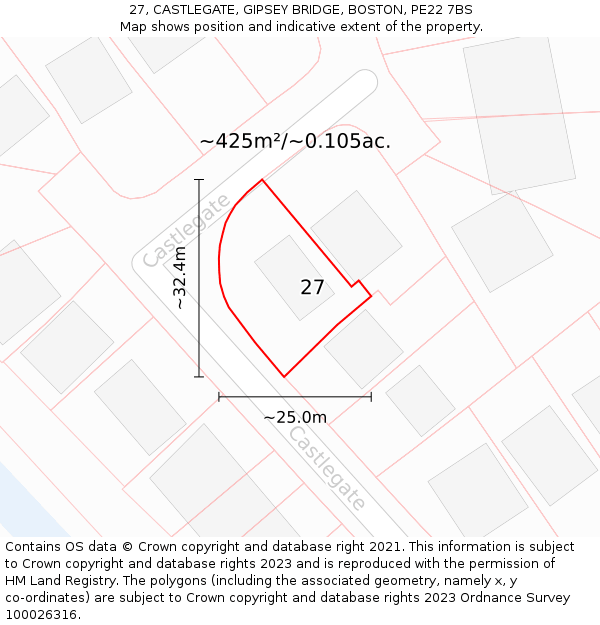 27, CASTLEGATE, GIPSEY BRIDGE, BOSTON, PE22 7BS: Plot and title map