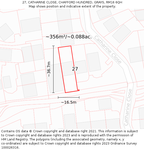 27, CATHARINE CLOSE, CHAFFORD HUNDRED, GRAYS, RM16 6QH: Plot and title map