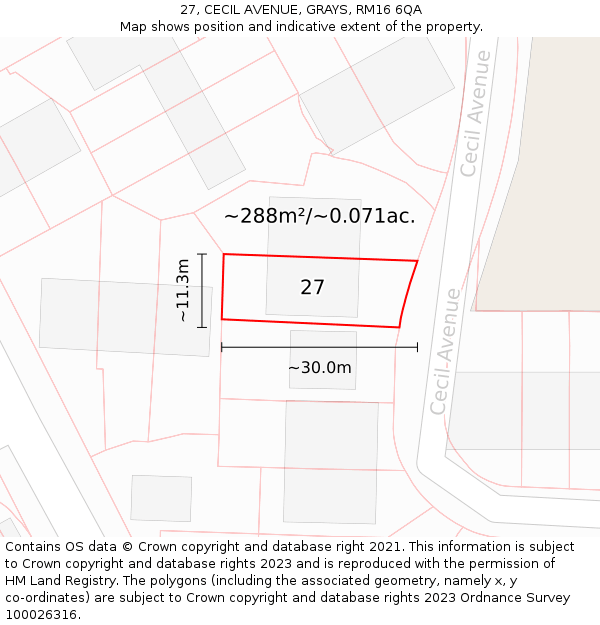 27, CECIL AVENUE, GRAYS, RM16 6QA: Plot and title map