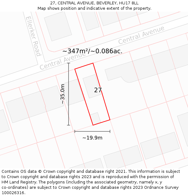 27, CENTRAL AVENUE, BEVERLEY, HU17 8LL: Plot and title map