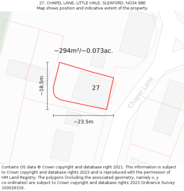 27, CHAPEL LANE, LITTLE HALE, SLEAFORD, NG34 9BE: Plot and title map