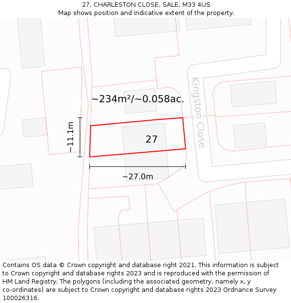 27, CHARLESTON CLOSE, SALE, M33 4US: Plot and title map