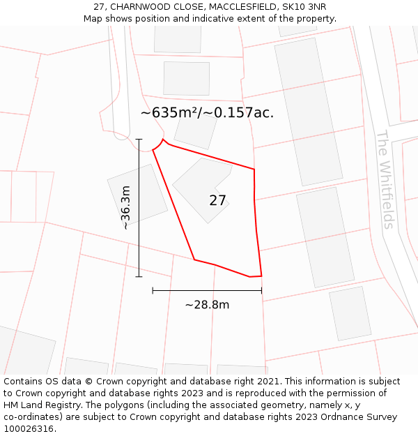 27, CHARNWOOD CLOSE, MACCLESFIELD, SK10 3NR: Plot and title map