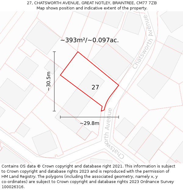 27, CHATSWORTH AVENUE, GREAT NOTLEY, BRAINTREE, CM77 7ZB: Plot and title map