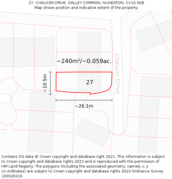 27, CHAUCER DRIVE, GALLEY COMMON, NUNEATON, CV10 9SB: Plot and title map