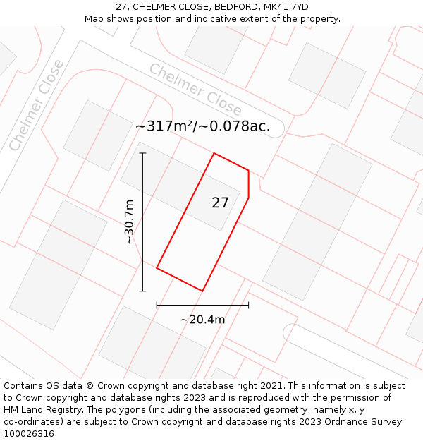 27, CHELMER CLOSE, BEDFORD, MK41 7YD: Plot and title map