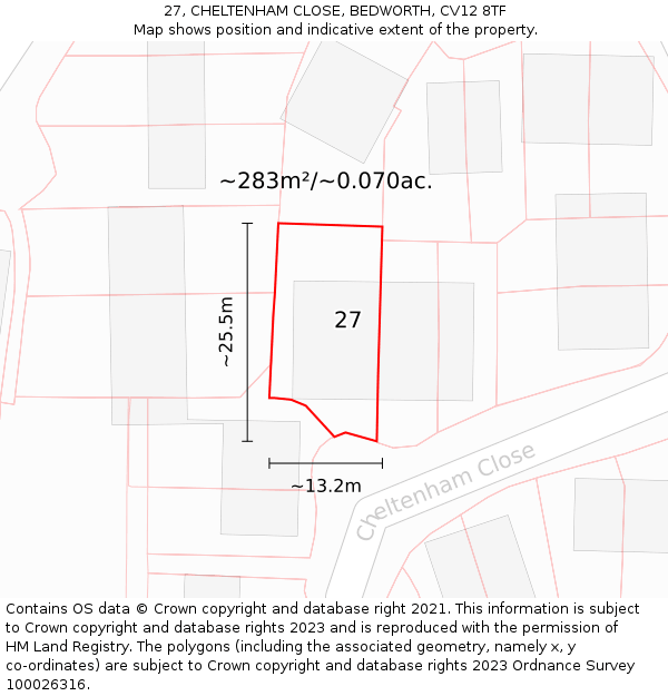 27, CHELTENHAM CLOSE, BEDWORTH, CV12 8TF: Plot and title map