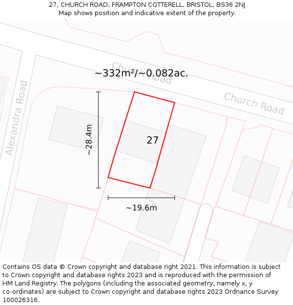 27, CHURCH ROAD, FRAMPTON COTTERELL, BRISTOL, BS36 2NJ: Plot and title map