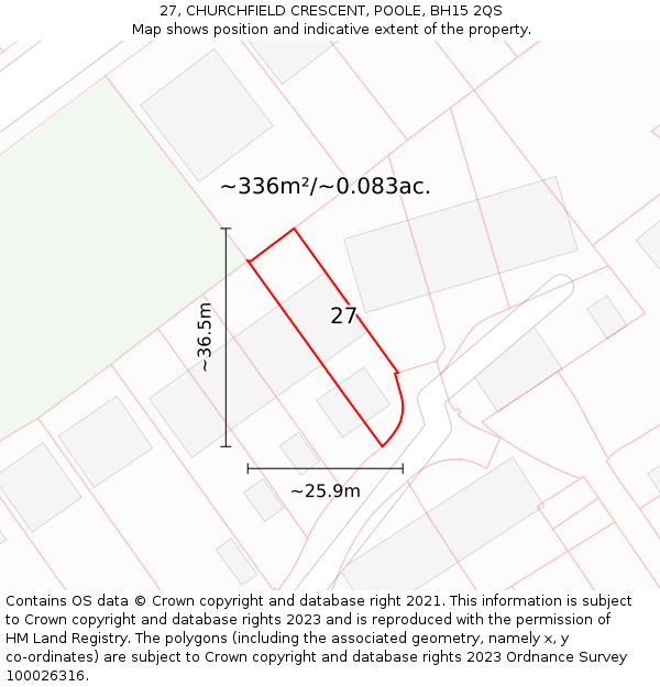 27, CHURCHFIELD CRESCENT, POOLE, BH15 2QS: Plot and title map