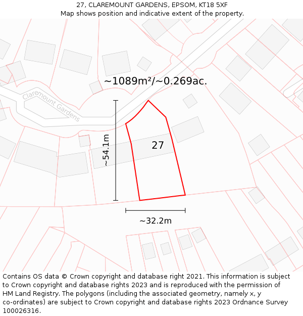 27, CLAREMOUNT GARDENS, EPSOM, KT18 5XF: Plot and title map