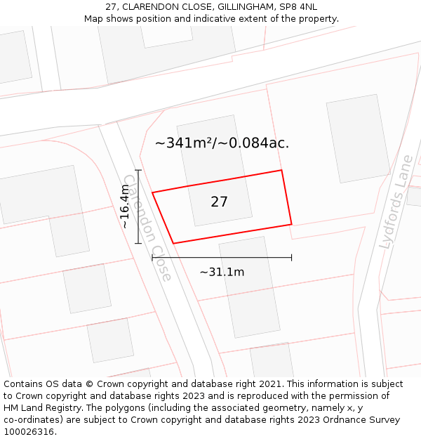 27, CLARENDON CLOSE, GILLINGHAM, SP8 4NL: Plot and title map