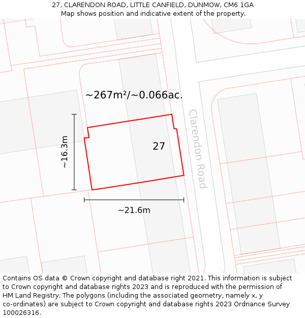 27, CLARENDON ROAD, LITTLE CANFIELD, DUNMOW, CM6 1GA: Plot and title map