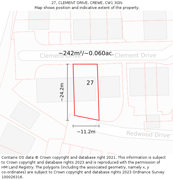 27, CLEMENT DRIVE, CREWE, CW1 3GN: Plot and title map
