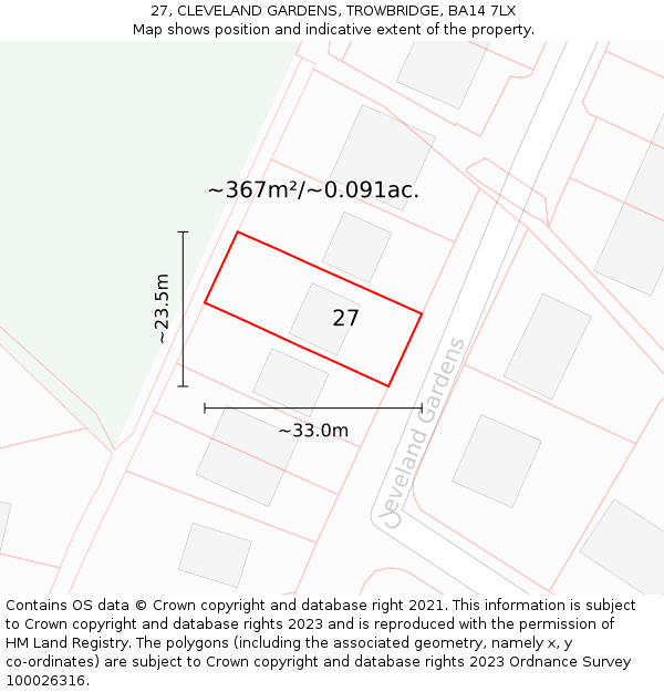 27, CLEVELAND GARDENS, TROWBRIDGE, BA14 7LX: Plot and title map