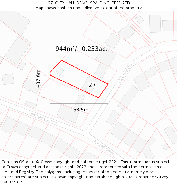 27, CLEY HALL DRIVE, SPALDING, PE11 2EB: Plot and title map