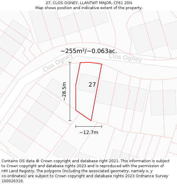 27, CLOS OGNEY, LLANTWIT MAJOR, CF61 2SN: Plot and title map