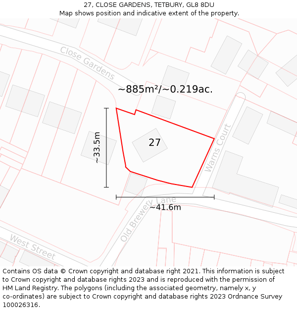 27, CLOSE GARDENS, TETBURY, GL8 8DU: Plot and title map