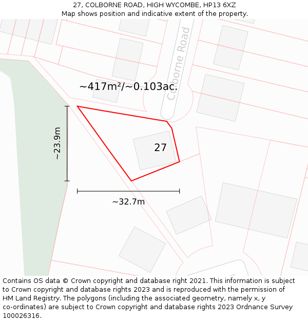 27, COLBORNE ROAD, HIGH WYCOMBE, HP13 6XZ: Plot and title map
