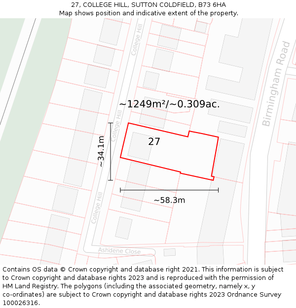 27, COLLEGE HILL, SUTTON COLDFIELD, B73 6HA: Plot and title map