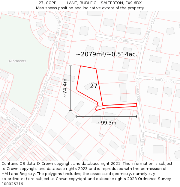 27, COPP HILL LANE, BUDLEIGH SALTERTON, EX9 6DX: Plot and title map