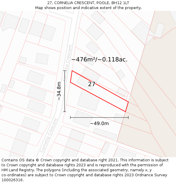 27, CORNELIA CRESCENT, POOLE, BH12 1LT: Plot and title map