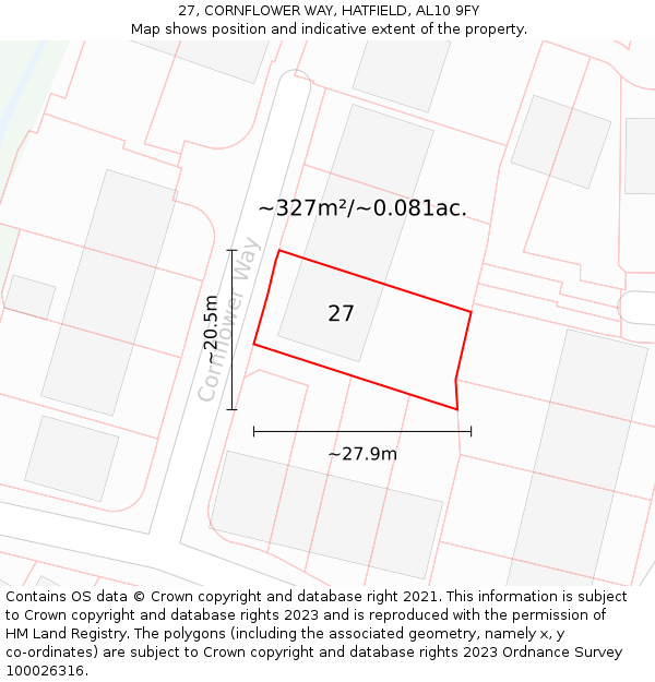 27, CORNFLOWER WAY, HATFIELD, AL10 9FY: Plot and title map