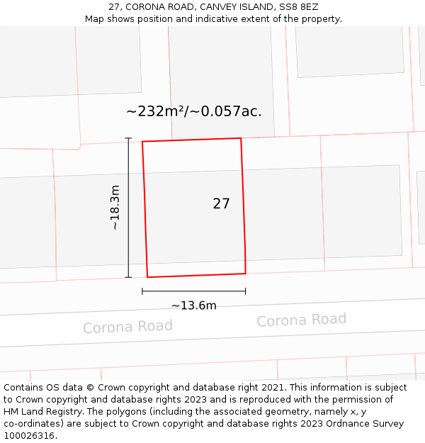 27, CORONA ROAD, CANVEY ISLAND, SS8 8EZ: Plot and title map