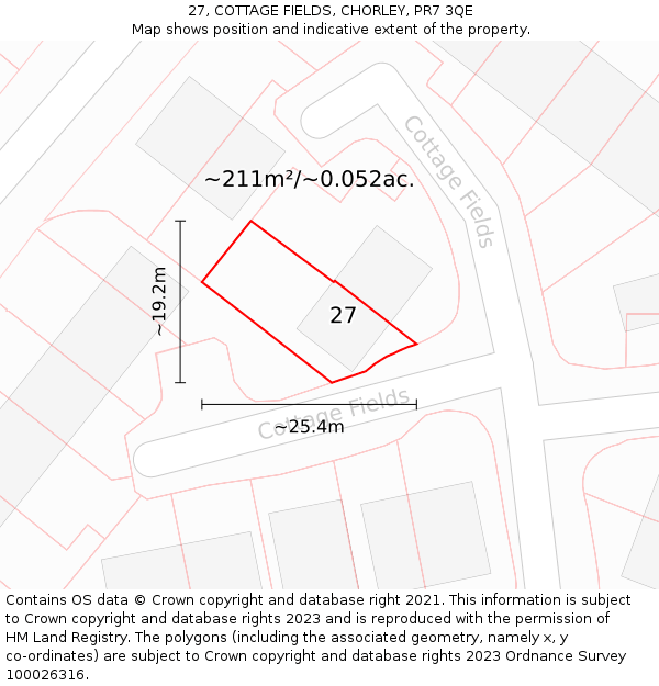 27, COTTAGE FIELDS, CHORLEY, PR7 3QE: Plot and title map