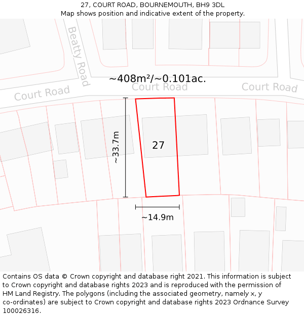 27, COURT ROAD, BOURNEMOUTH, BH9 3DL: Plot and title map