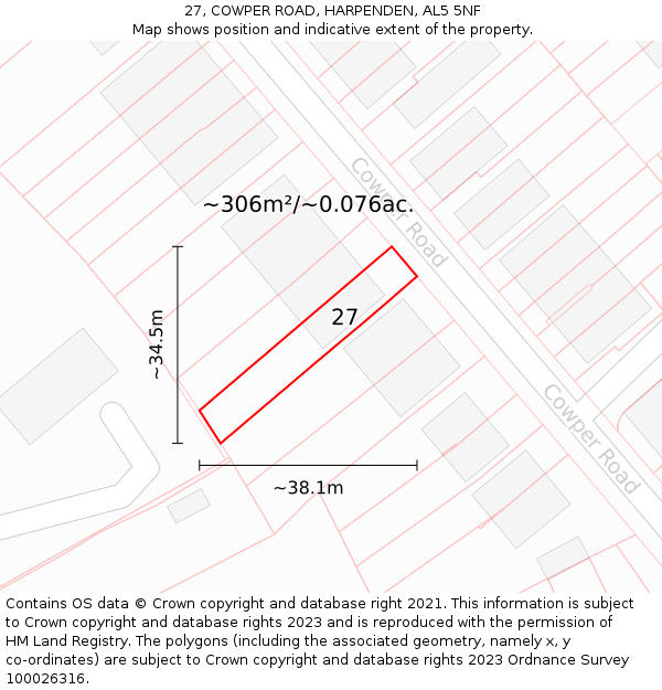 27, COWPER ROAD, HARPENDEN, AL5 5NF: Plot and title map