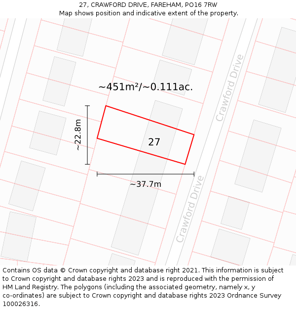 27, CRAWFORD DRIVE, FAREHAM, PO16 7RW: Plot and title map