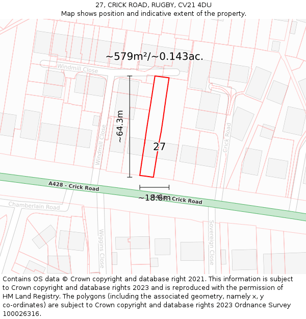 27, CRICK ROAD, RUGBY, CV21 4DU: Plot and title map