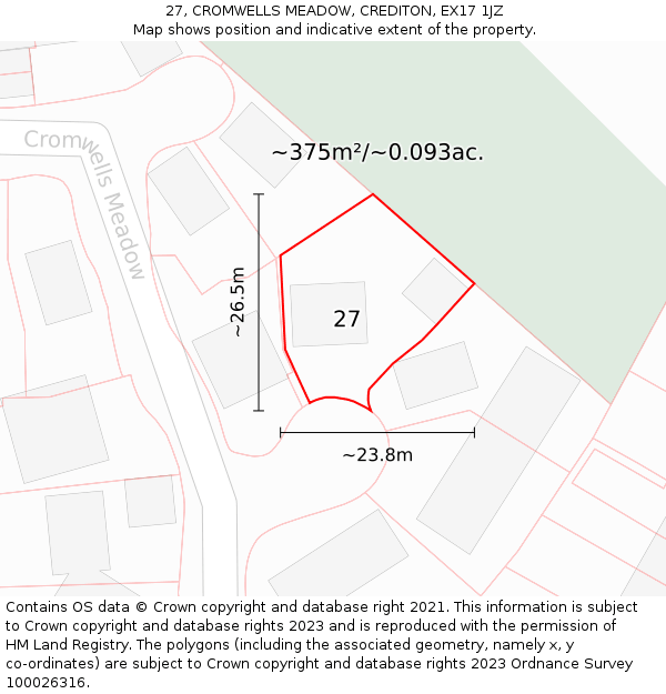 27, CROMWELLS MEADOW, CREDITON, EX17 1JZ: Plot and title map
