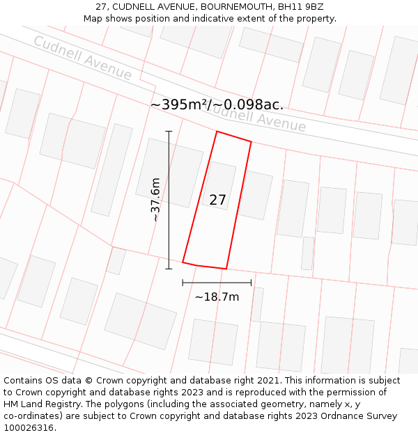 27, CUDNELL AVENUE, BOURNEMOUTH, BH11 9BZ: Plot and title map