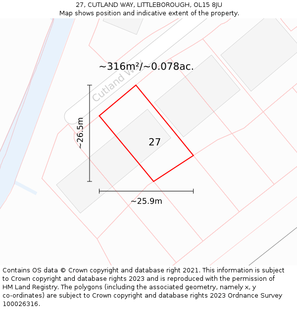 27, CUTLAND WAY, LITTLEBOROUGH, OL15 8JU: Plot and title map