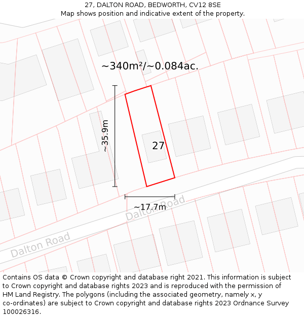 27, DALTON ROAD, BEDWORTH, CV12 8SE: Plot and title map