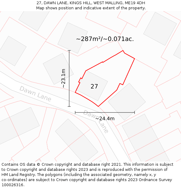 27, DAWN LANE, KINGS HILL, WEST MALLING, ME19 4DH: Plot and title map