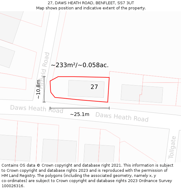 27, DAWS HEATH ROAD, BENFLEET, SS7 3UT: Plot and title map