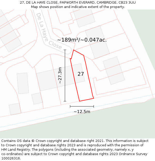 27, DE LA HAYE CLOSE, PAPWORTH EVERARD, CAMBRIDGE, CB23 3UU: Plot and title map