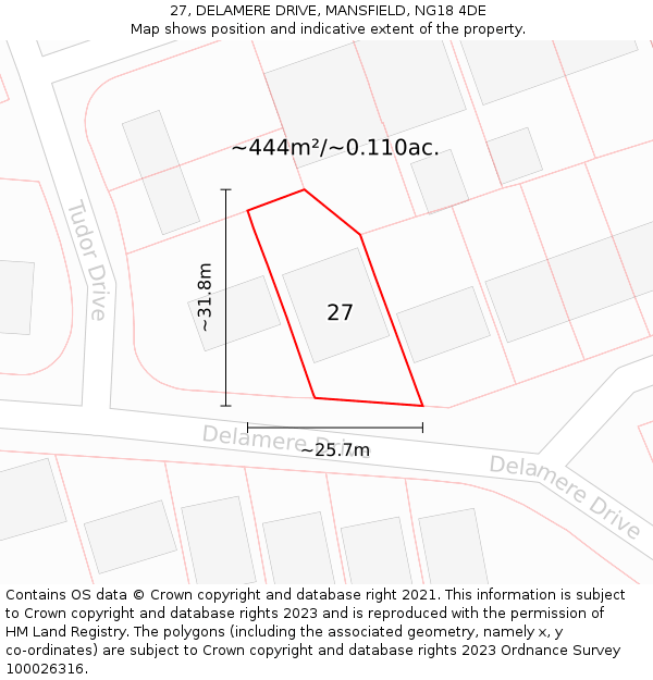 27, DELAMERE DRIVE, MANSFIELD, NG18 4DE: Plot and title map