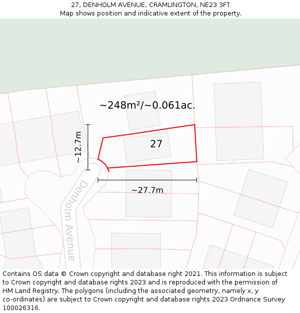 27, DENHOLM AVENUE, CRAMLINGTON, NE23 3FT: Plot and title map