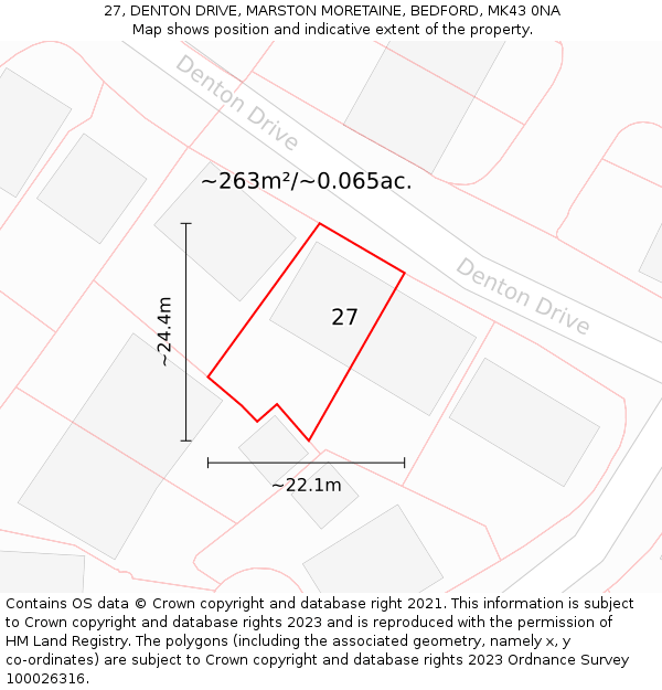 27, DENTON DRIVE, MARSTON MORETAINE, BEDFORD, MK43 0NA: Plot and title map