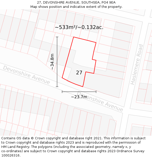 27, DEVONSHIRE AVENUE, SOUTHSEA, PO4 9EA: Plot and title map