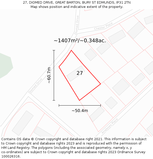 27, DIOMED DRIVE, GREAT BARTON, BURY ST EDMUNDS, IP31 2TN: Plot and title map