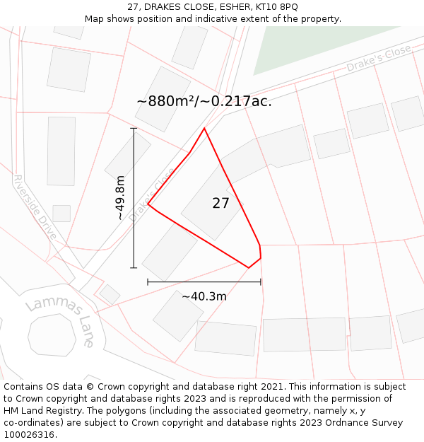 27, DRAKES CLOSE, ESHER, KT10 8PQ: Plot and title map