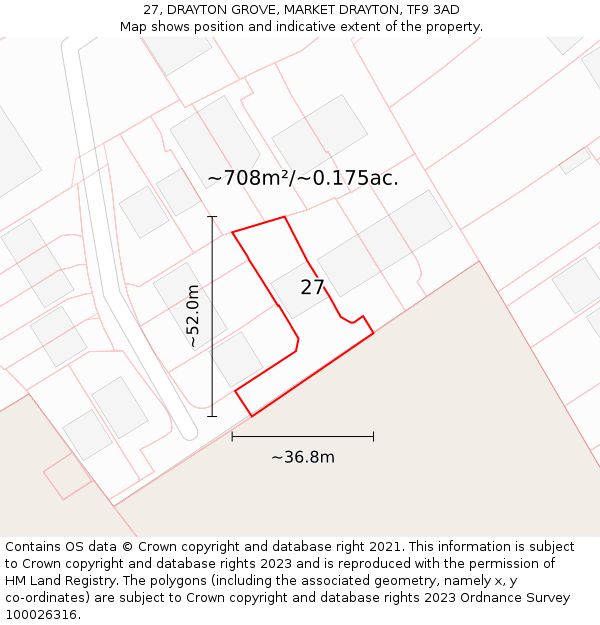 27, DRAYTON GROVE, MARKET DRAYTON, TF9 3AD: Plot and title map